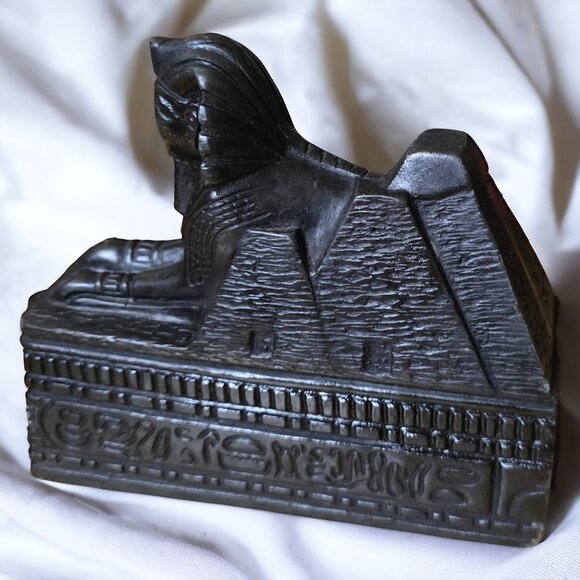 Vintage SPINX STONE STATUE/BOOKEND  Black Hand Carved Egyptian Pharoah - Picture 6 of 8